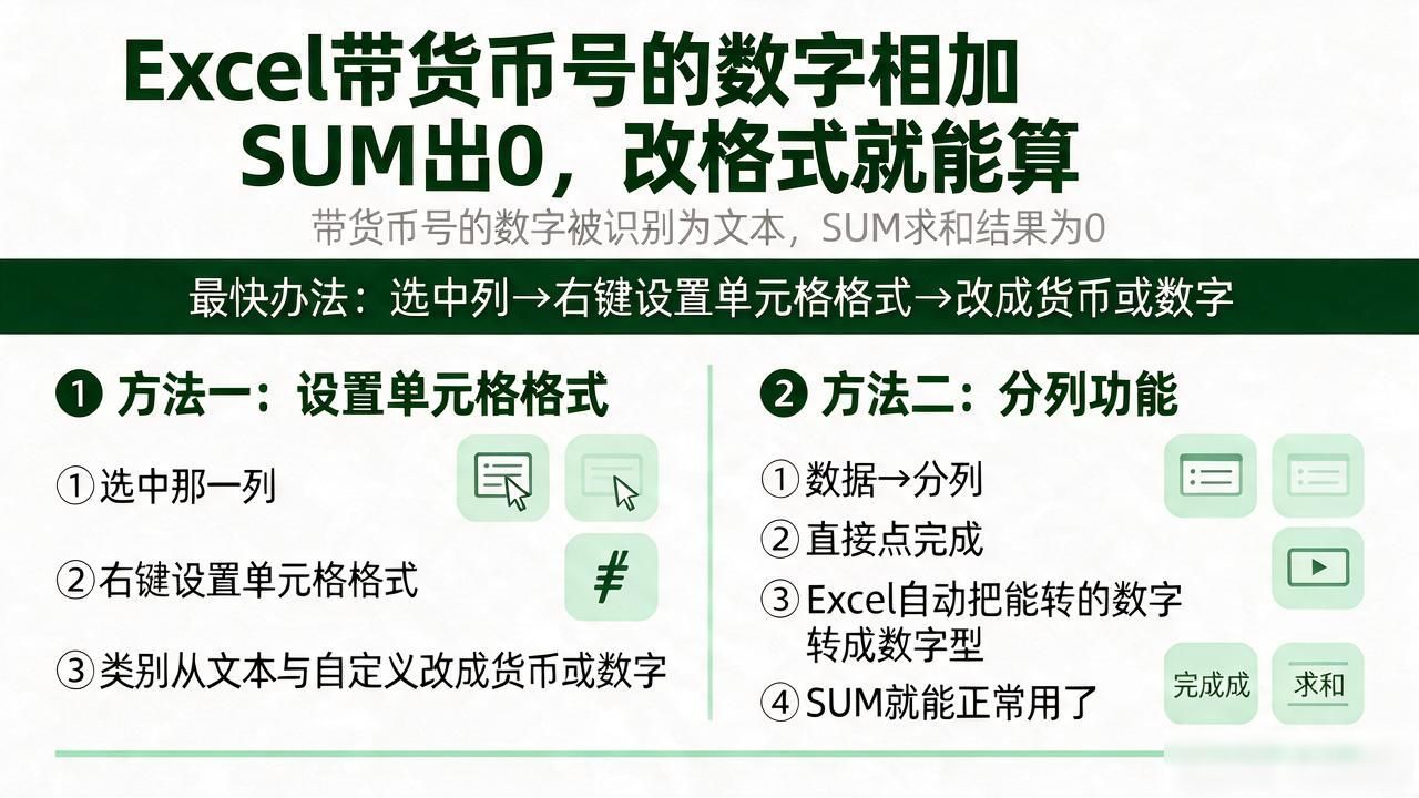 Excel带货币号的数字相加SUM出0,改格式就能算