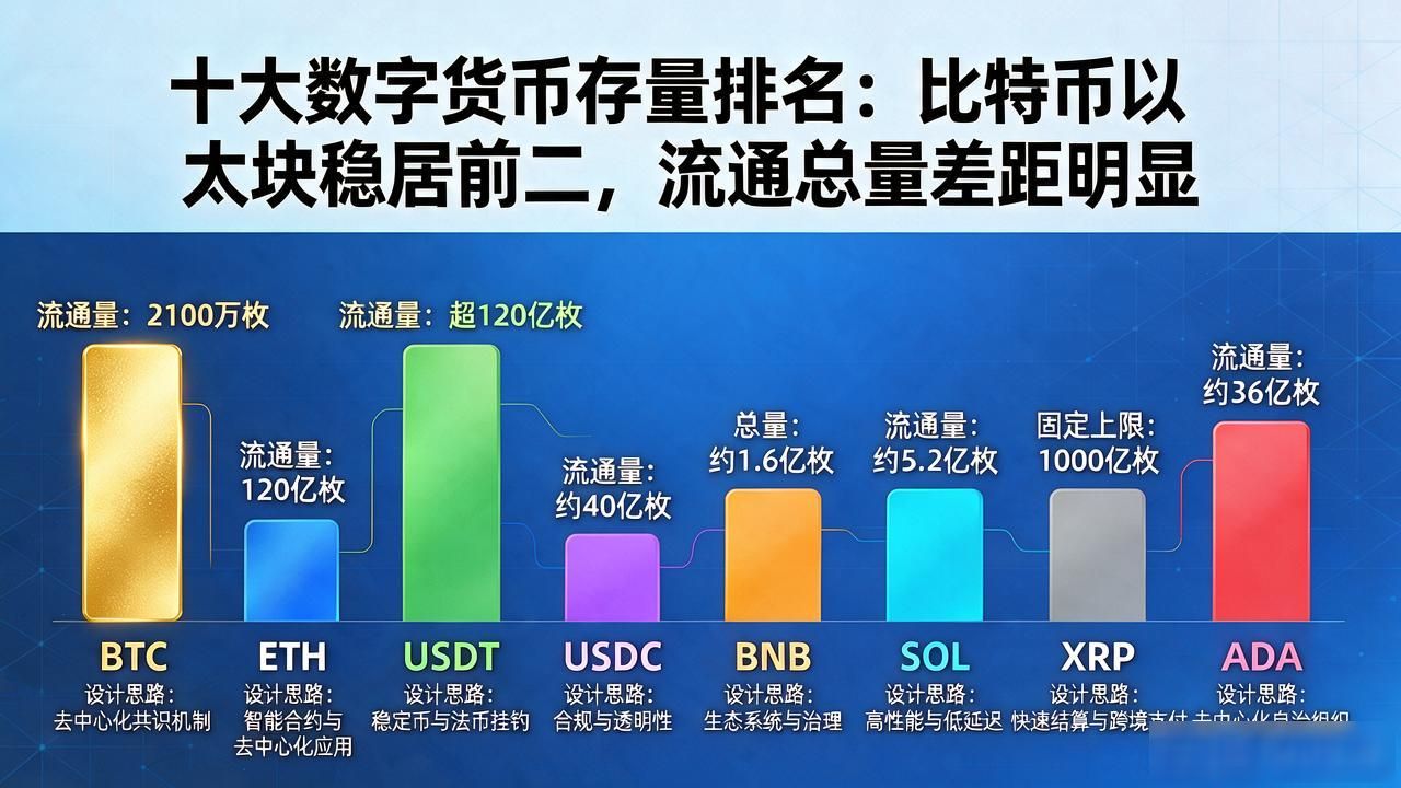 十大数字货币存量排名：比特币以太坊稳居前二，流通总量差距明显