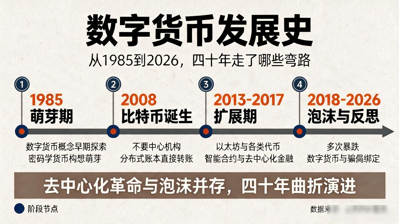 数字货币发展史是什么？从1985到2026，四十年走了哪些弯路